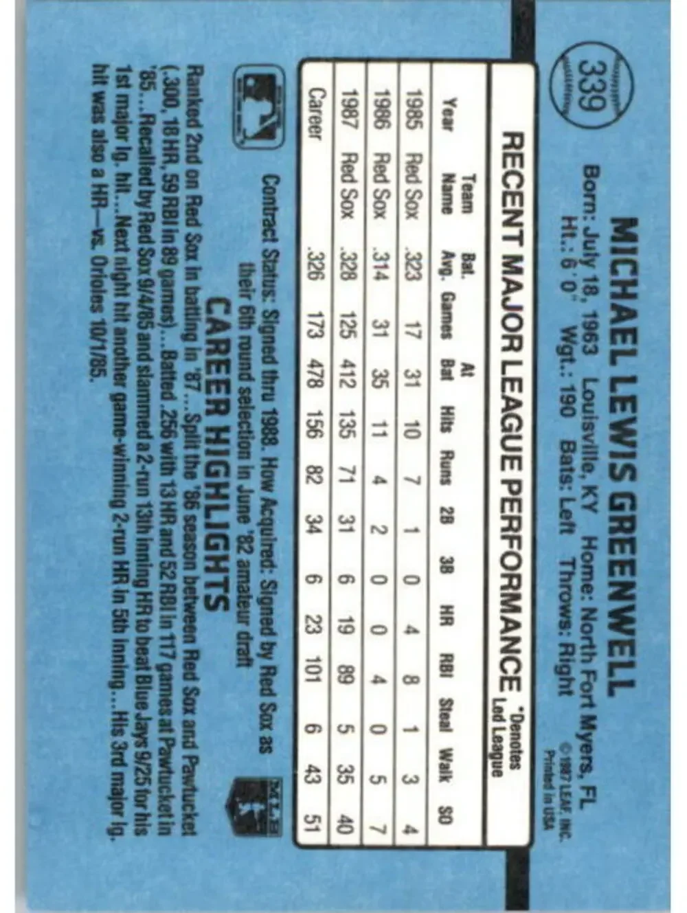 1988 Mike Greenwell Donruss Baseball Card #339